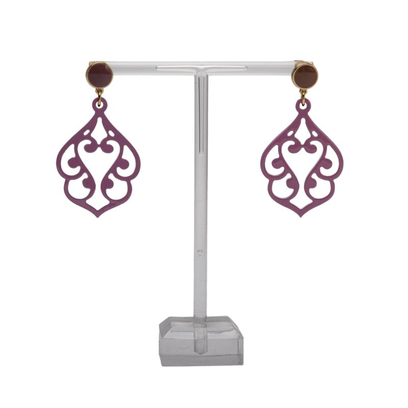 Ohrnamenti, geschnitzte Horn Ohrringe Modell Ilsa, lila lackiertem Horn mit Cabochon Stecker.